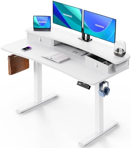 HUANUO 48″ x 24″ Electric Standing Desk with 2 Drawers, C-Clamp Mount Compatible, Height Adjustable Computer Desk, Home Office Stand Up Desk with 4 Preset Heights & 2 Hooks, White