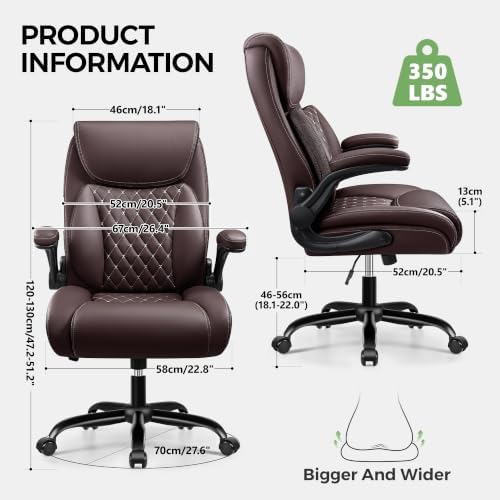 Office Chair, Ergonomic Executive Desk Chair with Lumbar Support for Lower Back Pain Relief, Padded Flip-Up Armrests, Leather Home Office Chair, Coffee