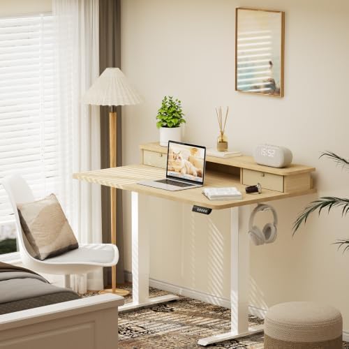 Veken 47x28 in Electric Standing Desk with Drawers, Adjustable Table, Wood