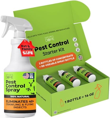 Pest Control Kit Indoor and Outdoor - Natural Ant Spray Starter Kit, 3 Concentrate Vials + Sprayer Makes 48 Oz | Nature's Dome Plant-Based Roach, Spider, Fly, Flea & Tick Killer Spray for Home