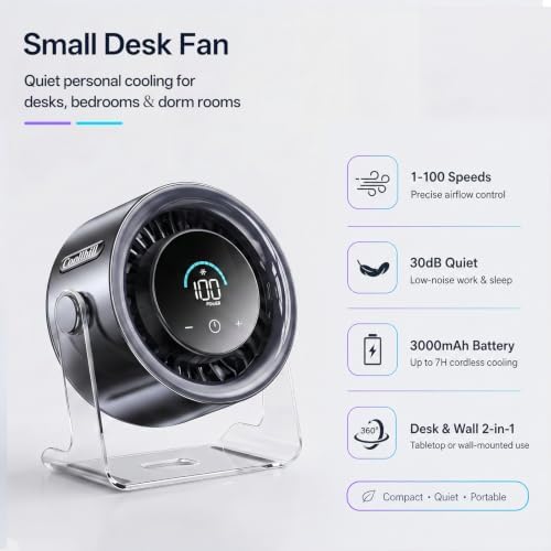 USB Desk Fan for Bedroom: 100 Speeds Digital Display Quiet Portable Fan with Turbo Airflow, 120° Rotating Small Rechargeable Battery Desktop & Wall-Mounted Fans for Bedroom Home Office (Black)