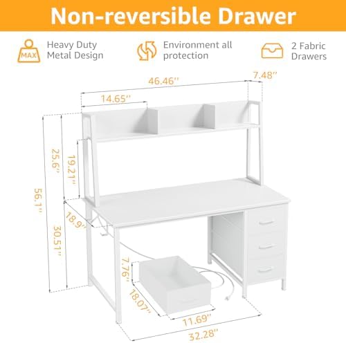 DLisiting White Computer Desk with Hutch & Drawers - 47 Inch Modern Study Writing Office Desk with 3 Storage Drawers and Power Outlets for Bedroom Home Office
