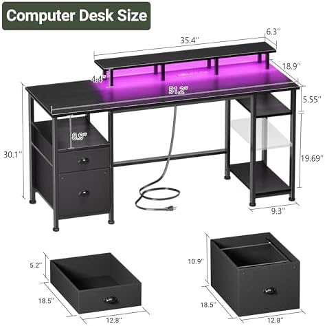 Furologee 51" Gaming Desk with Power Outlets & LED Lights, Reversible Computer Desk with File Cabinet & Monitor Stand for Home Office, Large Work Table with Storage Shelves & Drawer, Black