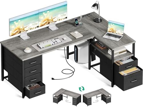 Coleshome 55 Inch L Shaped Office Desk with 6 Drawers, Power Outlet, Grey
