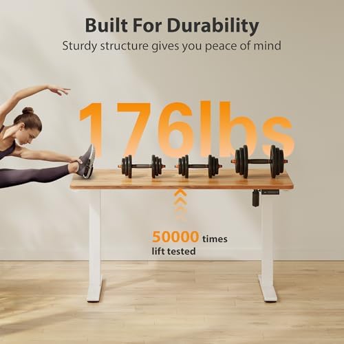 Cubiker Standing Desk, 55x24 Inches Sit Stand Home Office Desk, Electric Stand up Desk, Adjustable Desk with Splice Board, White Frame/Light Rustic Top