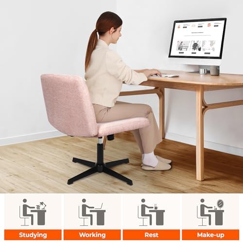 NEO Chair Criss Cross Chair No Wheel Vanity Desk Chair Wide Armless Cross Legged Office Comfy Makeup Adjustable Computer Task for Home Office Fabric (Pink)