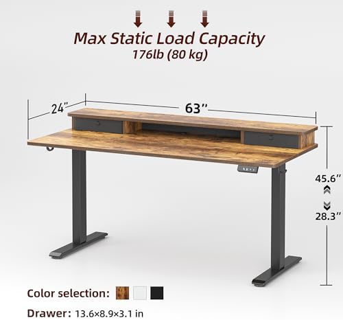 TIQLAB Standing Desk with Two Drawers, Stand Up Standing Desk Adjustable Height, Electric Sit Stand Table with Storage Shelf and Splice Board, 63 * 24 inch, Rustic Brown
