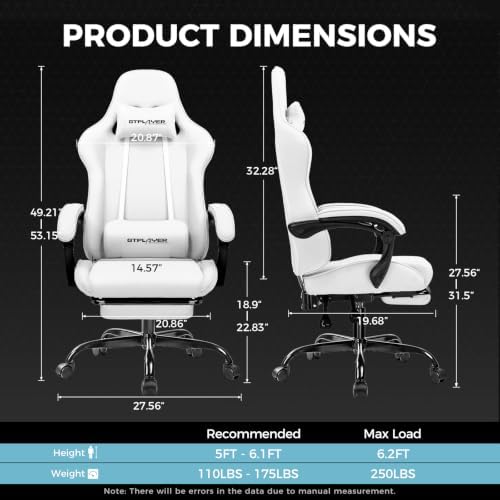 GTPLAYER Gaming Chair, Computer Chair with Footrest and Lumbar Support, Height Adjustable Game Chair with 360°-Swivel Seat and Headrest and for Office or Gaming (All Light Gray-Fabric)
