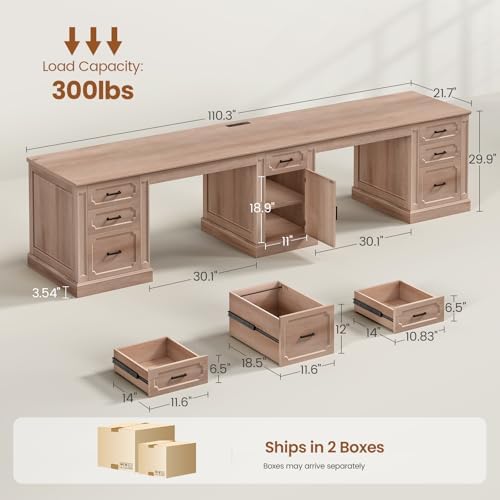 SEDETA Farmhouse 110.3" Two Person Desk with 7 Drawers, Long Computer Desk with Storage Cabinet, 2 Person Desk with Power Outlets for Home Office, Oak