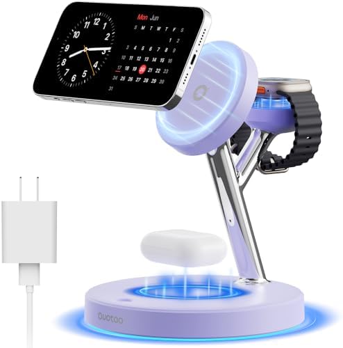 【Adjustable Blue Ambient Light】 Wireless Charger 3 in 1 for iPhone, Magnetic Charging Station for Apple Family,15W Fast MagSafe Charger Stand,for iPhone17-12-iWatch AirPods Series