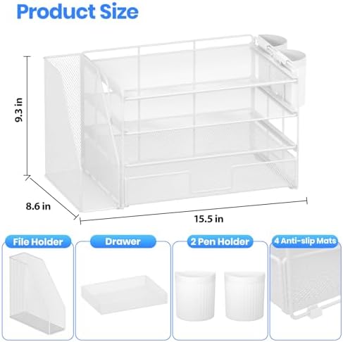 OPNICE Desk Organizer, 4-Tier Desktop File Organizer with Drawer and Pen Holders, Office Desk Accessories, File Sorters, Workspace Organizers for Office Supplies(White)