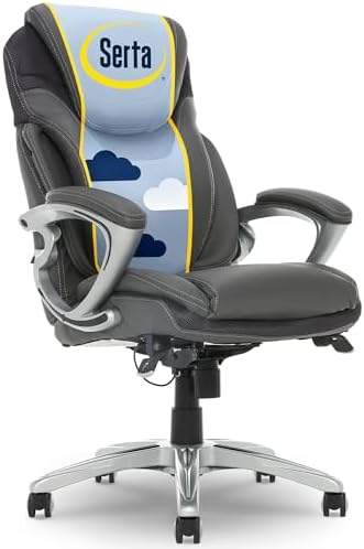 Serta Bryce Executive Office Chair - Ergonomic Computer Desk Chair with Patented AIR Lumbar Technology - Adjustable Height - Memory Foam Body Pillows - 360° Swivel Rolling Base - Bonded Leather - Gray | Bryce, Memory Foam Seat Cushion Desk Chair, Padde...