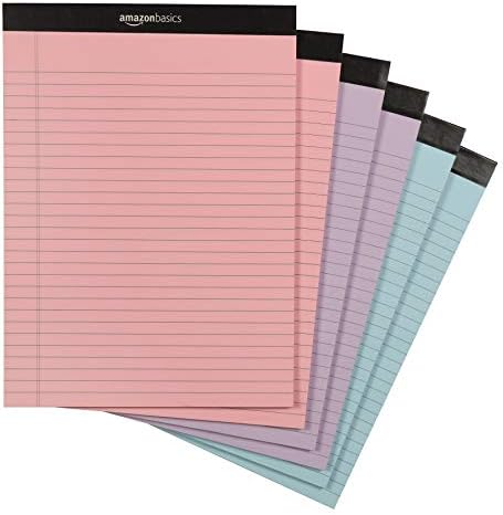 Amazon Basics Wide Ruled Lined Writing Note Pads with Sturdy Back, 8.5" x 11.75", Multicolor, 6-Pack, 300 Sheets, Perforated