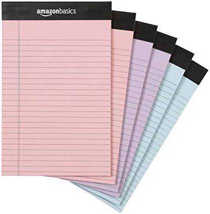Amazon Basics Narrow Ruled Writing Pads, Perforated, 5" x 8", Multicolor, 6-Pack of 50 Sheets