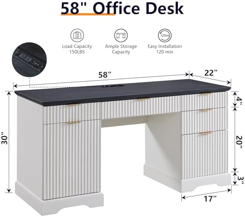 58" Modern Executive Desk with 5 Drawers & 1 Cabinet, Built‑in Outlet