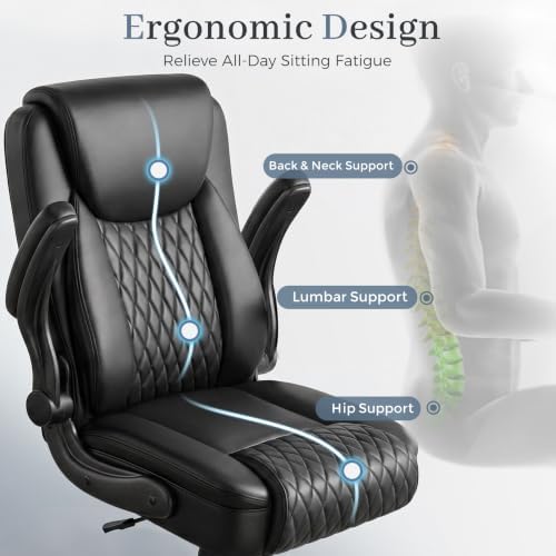 GTPOFFICE Executive Office Chair with Comfortable Lumbar Support, Ergonomic Gaming Chair with Flip-up Armrests & Zoned Pressure-Relief Cushion, Comfy PU Leather Desk Chair, Light Black