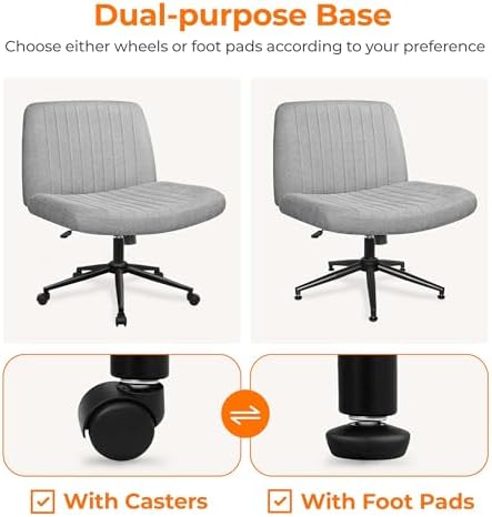 NEO CHAIR Criss Cross Chair with Wheels Armless Cross Legged Office Desk Wide Comfy Vanity Makeup Chair Adjustable Swivel Rolling Computer for Home Office Fabric (Grey)