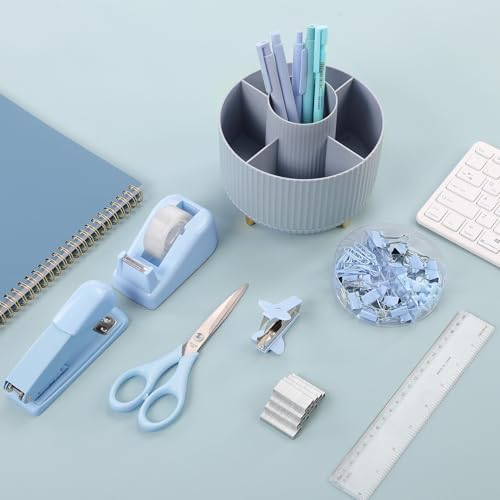 SKYDUE Blue Desk Accessories 11Pcs with Rotating Pen Holder for Desk