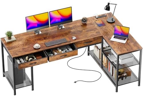 PRAISUN 63 Inch L Shaped Office Desk with Power Outlets and Type-C Port, Large Computer Gaming Desk with 3 Fabric Drawers, Mesh Shelves, Corner Study Work Writing Desk, Rustic Brown