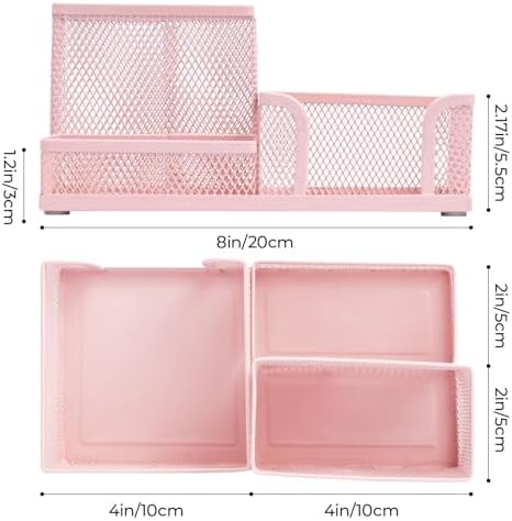 M&G Mesh Pen Holder Desk Organizers Pencil Holder for Desk Pink, 3 Compartments Metal Office Supply Organizer with Sticky Notes Holder for Home Office