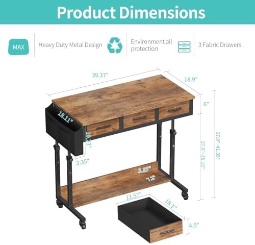 WINAZ Rolling Standing Desk Adjustable Height with Drawers on Wheels, 40 Inch Portable Mobile Stand Up Computer Desks for Bedroom Home Office, Couch Sofa Side Laptop Table with Storage, Rustic Brown