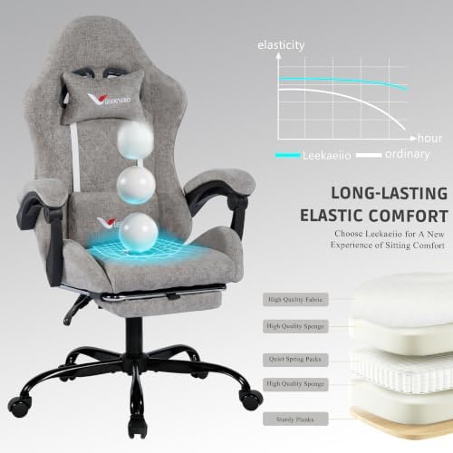 Fabric Gaming Chair for Adults, Ergonomic Computer Office Desk Chair with Footrest,Pocket Spring Cushion, Reclining High Back Silla Gamer for Home Office, Light Grey