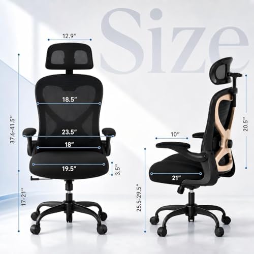 Ergonomic Office Chair, Mesh Desk Chair with Headrest, Lumbar Support, Thick Seat Cushion, Flip-up Arms, High Back Computer Task Chairs for Home Office, Black/Gold