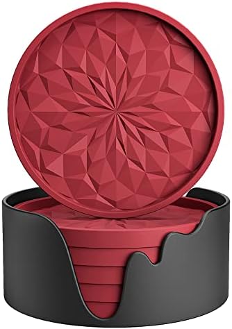 ME.FAN Silicone Coasters with Holder,[6 Pack] Drinking Coasters - Cup Mat for Hot or Cold Drinks, Thickened, Non-Slip, Non-stick,Deep Tray Wine Red