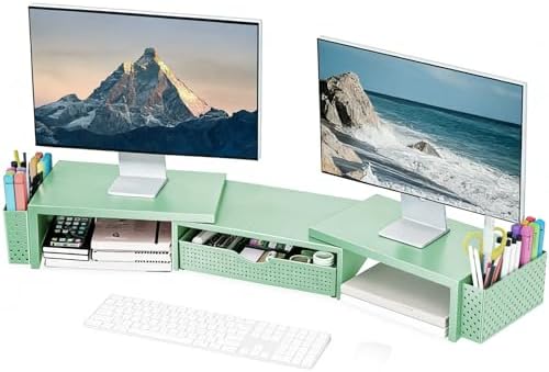 Spacrea Metal Desk Organizers and Accessories, Dual Monitor Stand Riser with Drawer and 2 Pen Holders, Book Racks, Desk Accessories & Workspace Desktop Organizers for Office Supplies (Sage Green)