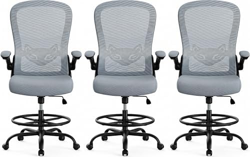ErGear Drafting Chair,Tall Office Chair with Flip-Up Armrests, High Desk Chair Adjustable Height and Adjustable Footrest Ring, Ergonomic Standing Desk Chair with Lumbar Support, Blue,3 Pack