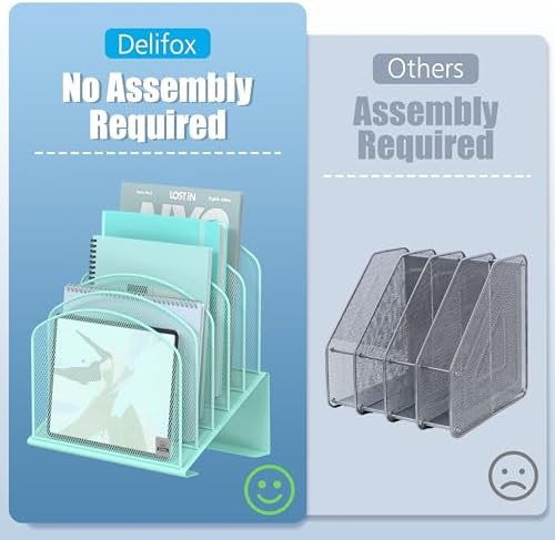 Delifox Inclined Desk File Organizer,Vertical File Folder Holder Stand Metal Rack File Sorter for Office Classroom Desktop Organization (2, Aqua, 5)