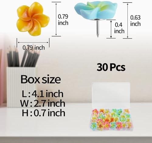 30pcs Flower Cabochons Flatback Plumeria Flower Push Pins in 7 Colors Cute Office Decor for Women Cork Board Bulletin Board, Photos Wall Maps and Other Offices Schools Supplies Christmas Decoration