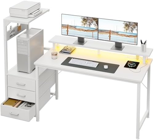 AODK 59 Inch Gaming Desk with USB Charging Ports & LED Light- Reversible Computer Desk with Storage Shelves & Monitor Stand, Modern Gamer Desk Table with Fabric Drawers, White