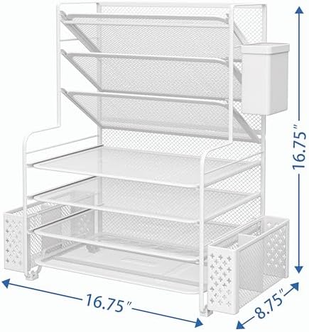 Simple Trending 7 Tier Desk File Organizer, Letter Tray Paper Organizer with Pen Holder and Metal Hanging Basket, White
