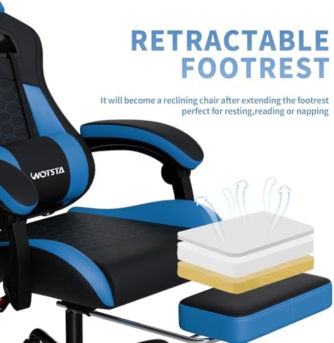 Gaming Chair with Footrest, Gaming Chairs PVC Leather Ergonomic Office Gamer Chair Headrest Lumbar Support Racing Style Video Gaming Chair for Office (Black Blue)