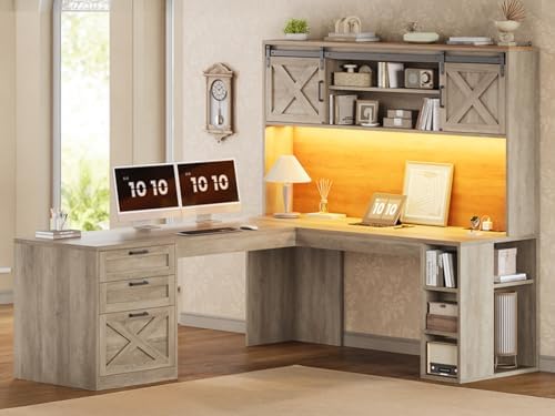SEDETA 67" Farmhouse L Shaped Desk with Hutch, Grey