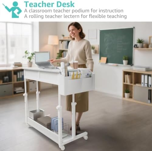 WINAZ Small Rolling Standing Desk with Drawers & Storage, 32 Inch Height Adjustable Desk on Wheels for Teachers, Students, Portable Mobile Workstation for Home Office, Small Spaces, Sewing & Crafts