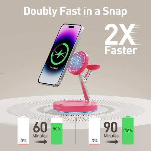 【Adjustable Blue Ambient Light】 Wireless Charger 3 in 1 for iPhone, Magnetic Charging Station for Apple Family,15W Fast MagSafe Charger Stand,for iPhone17-12-iWatch AirPods Series