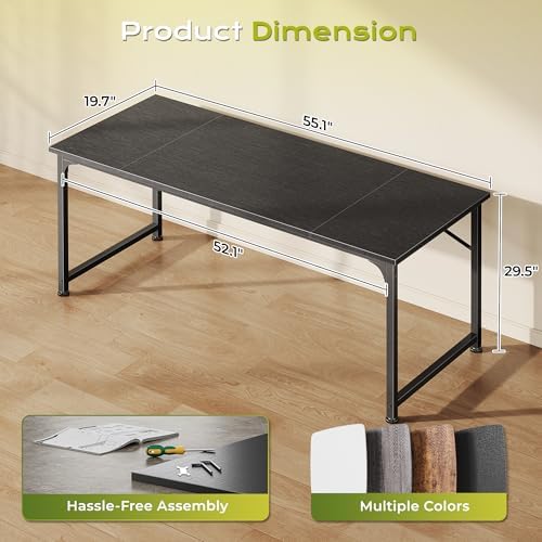 PRAISUN 55 Inch Computer Desk, Office Desk, Spacious Desktop, Black