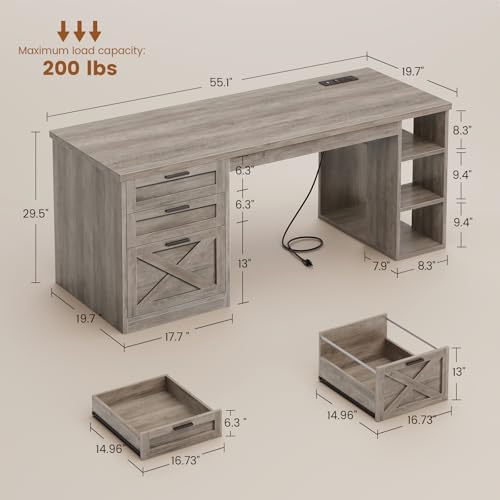SEDETA 55.1" Farmhouse Office Desk with 3 Drawers for Home Office,Grey