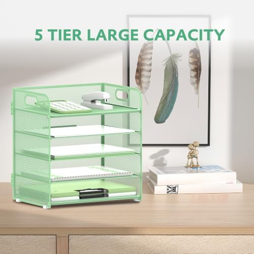 Supeasy 5 Trays Paper Organizer Letter Tray with Handle-Mesh Desk File Holders, Paper Sorter Desk Organizer for Office, Home, Classroom or School(Mint Green)