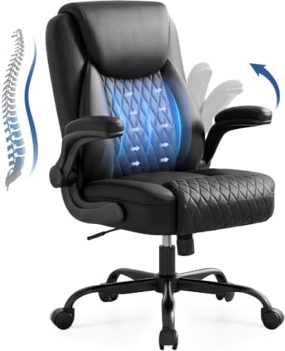 GTPOFFICE Executive Office Chair with Comfortable Lumbar Support, Ergonomic Gaming Chair with Flip-up Armrests & Zoned Pressure-Relief Cushion, Comfy PU Leather Desk Chair, Black