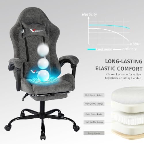 Fabric Gaming Chair for Adults, Ergonomic Computer Office Desk Chair with Footrest,Pocket Spring Cushion, Reclining High Back Silla Gamer for Home Office, Grey