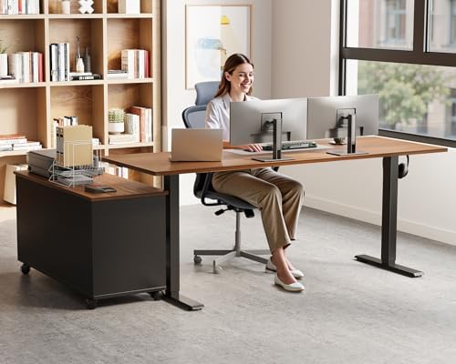 OffiGo 55" L Shaped Electric Standing Desk with Cabinet Sets, Walnut/Black