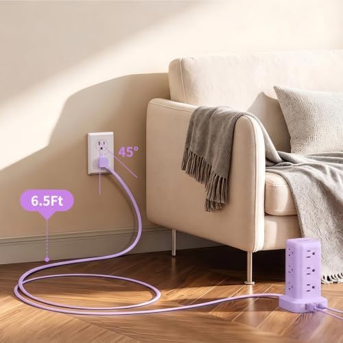 Extension Cord with Multiple Outlets, SMALLRT Power Strip Tower, Outlet Extender with 12 AC Outlets 4 USB, 6.5FT Extension Cord for Home Dorm Room, Office Supplies, Purple