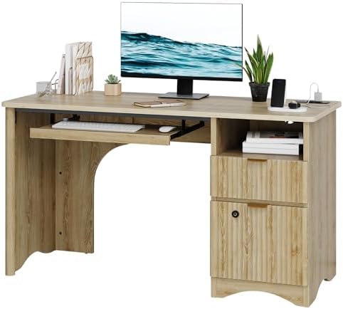 Bestier 55" Desk with Fingerprint Lock & Charging, Keyboard Tray, Oak