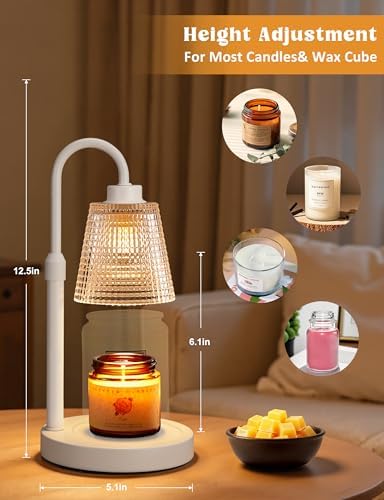 White Candle Warmer Lamp with Timer, Dimmable Candle Warmer for Jar Candles, Height Adjustable Wax Melts Warmer, Birthday Gifts for Women Mom, House Warming Gifts New Home Decor