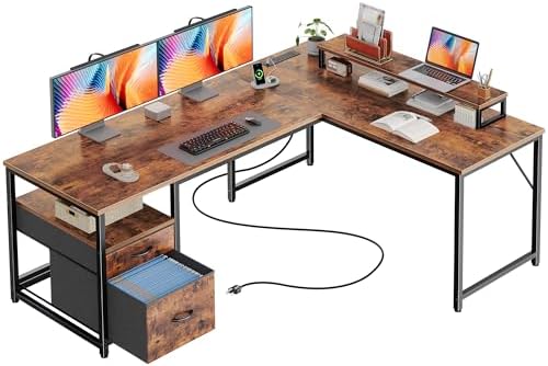PRAISUN 55 Inch L Shaped Desk with Power Outlets and USB-C Port, Computer Corner Home Office Desk with File Fabric Drawers and Movable Monitor Stand, Larger Storage for Gaming, Study, Rustic Brown