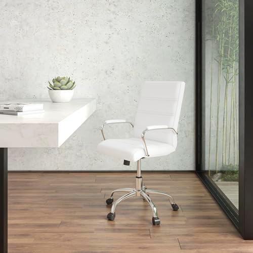Flash Furniture Mid-Back White LeatherSoft Executive Swivel Office Chair with Chrome Base and Arms