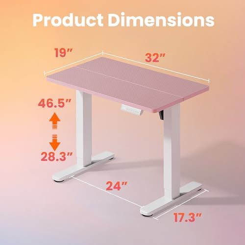 HUANUO 32x19 Inch Small Electric Standing Desk, Adjustable, Pink